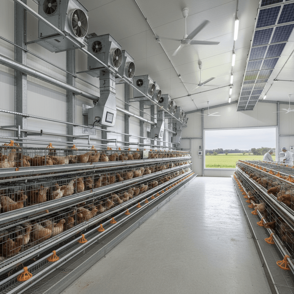 Industrial poultry production facility with rows of hens in climate-controlled housing